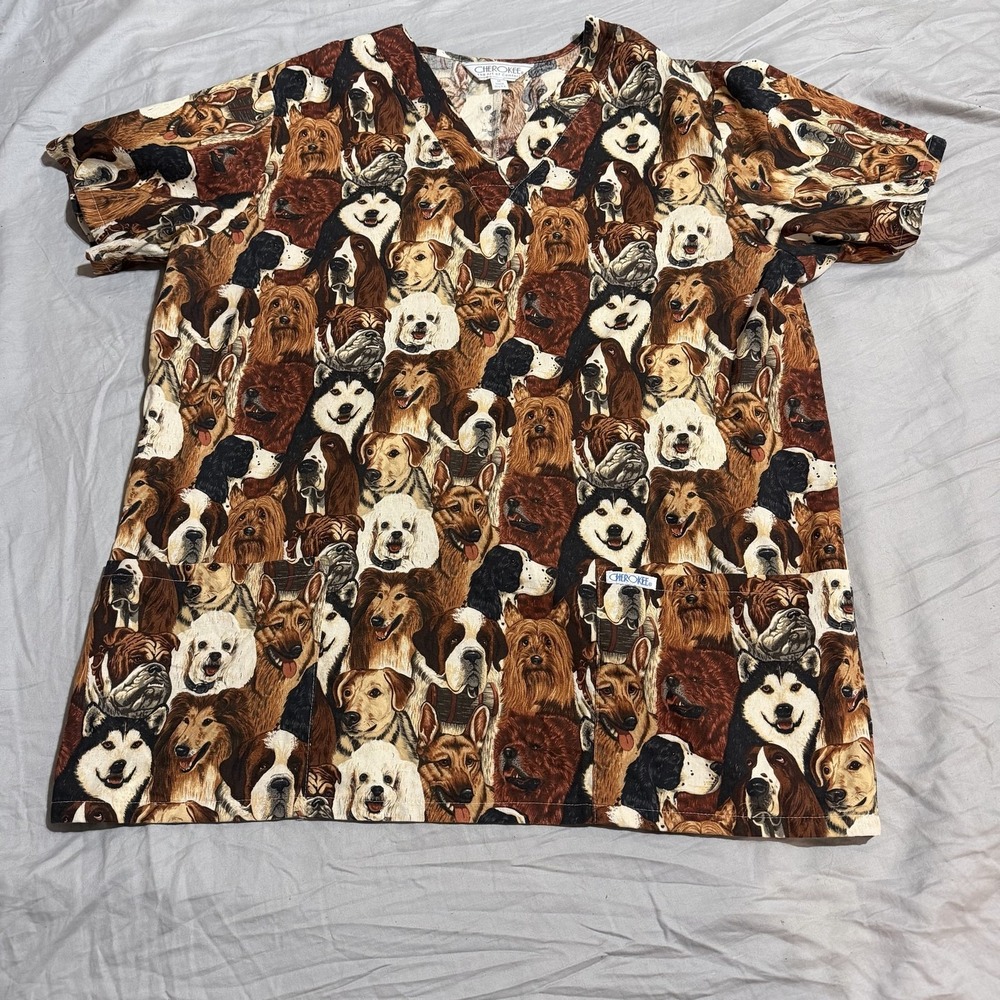 Cherokee Nurse Scrub Top Womens M Multicolor Dog Print V-Neck Pockets USA